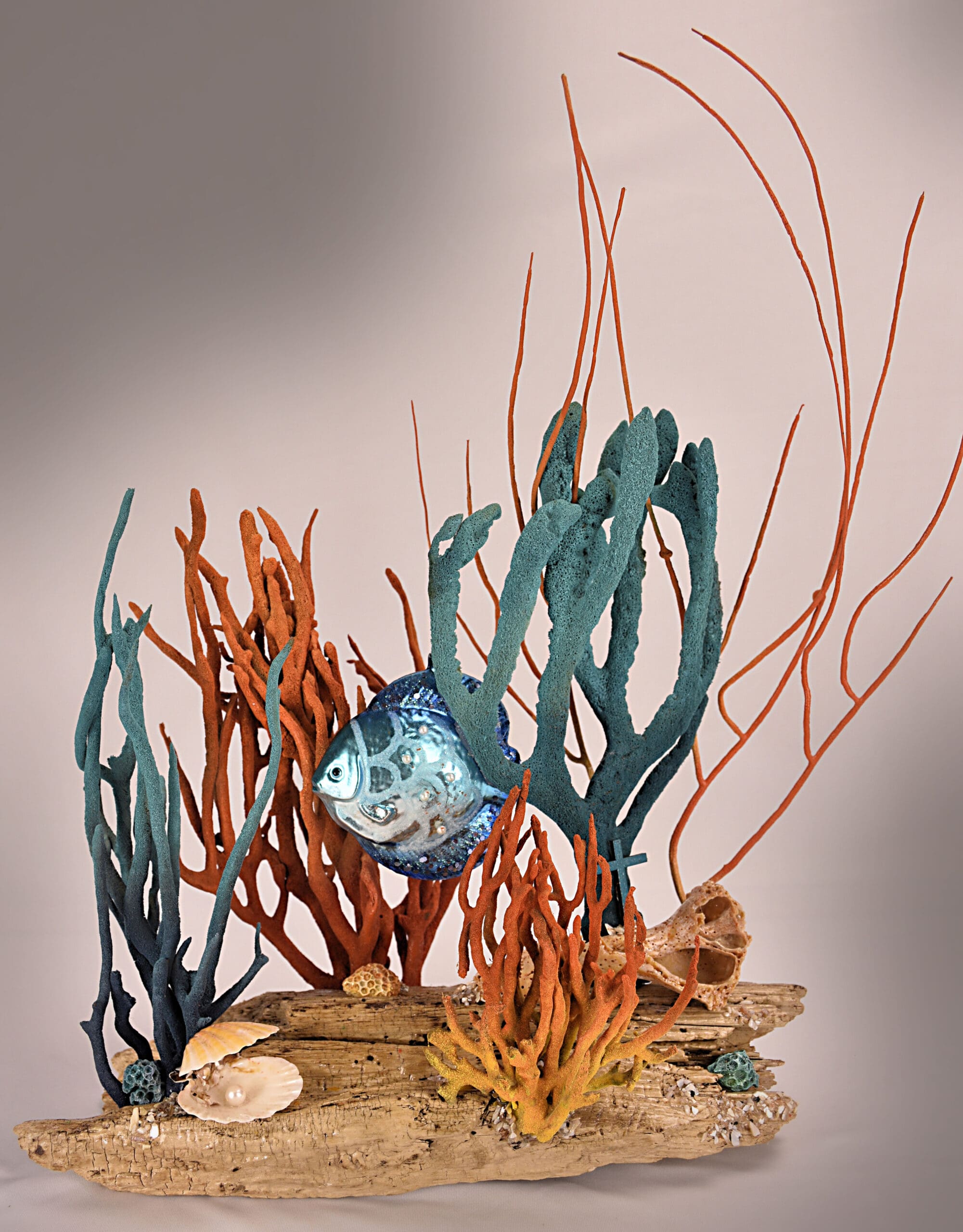 Fish blue blown glass orange n clam 12x17