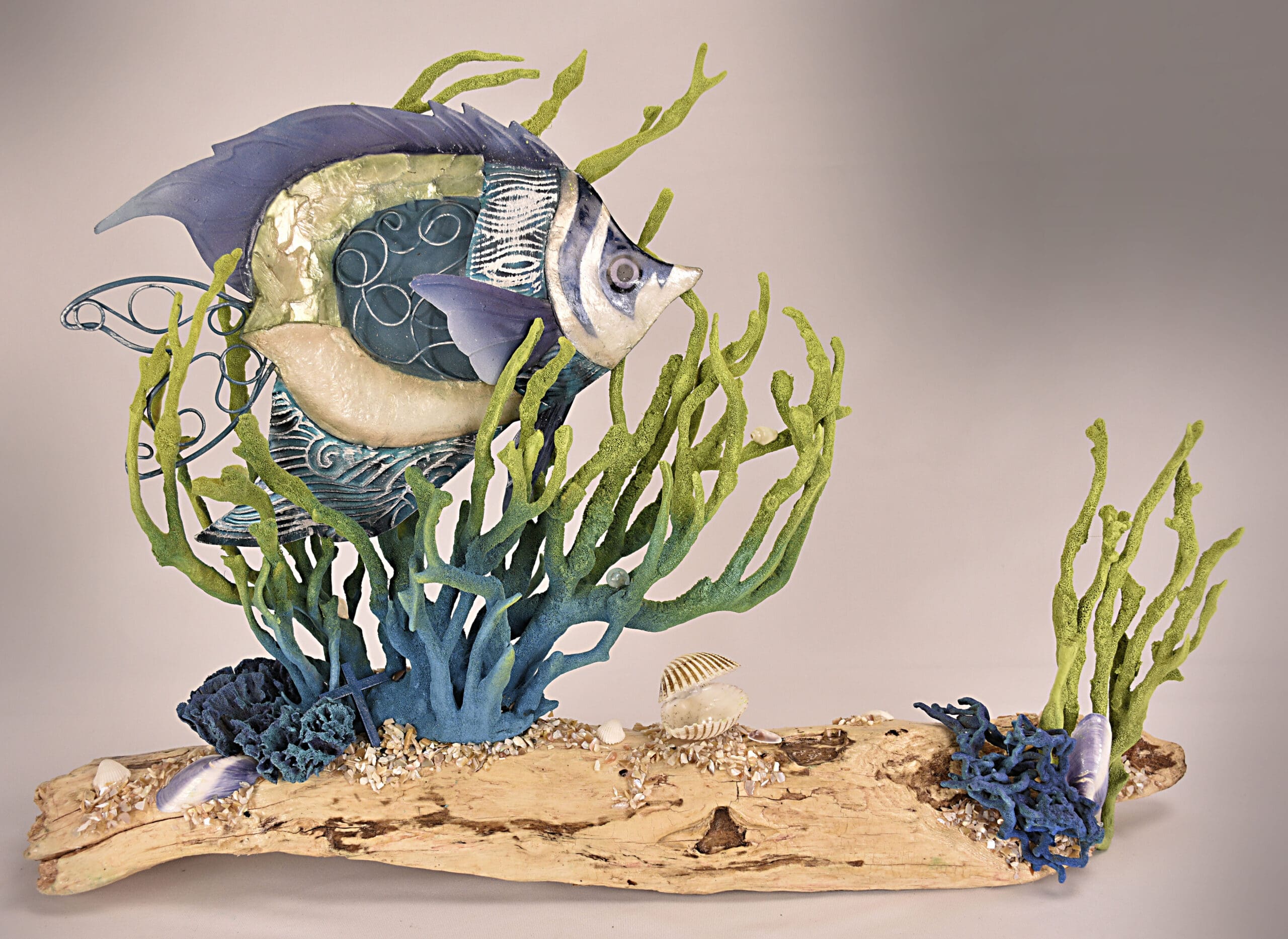 Fish blue capiz stripped purp shell 19x12