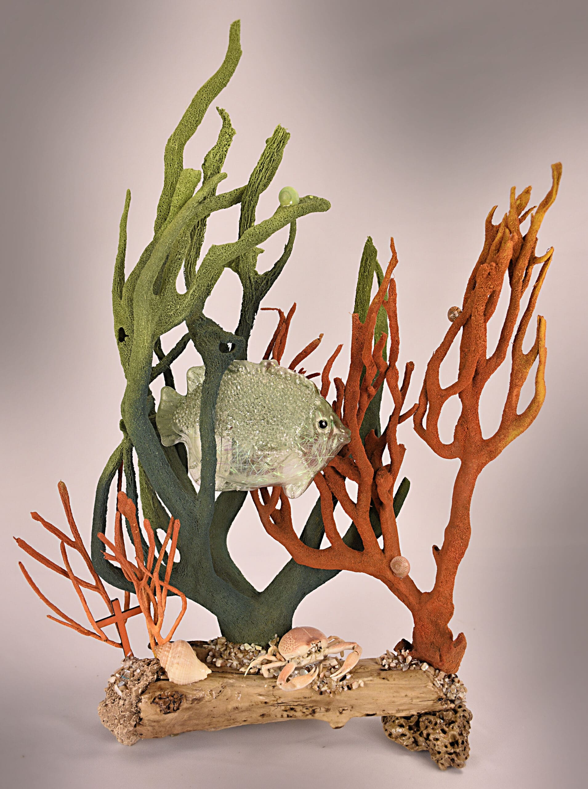 Fish green glass grn n orang w crab 11x15
