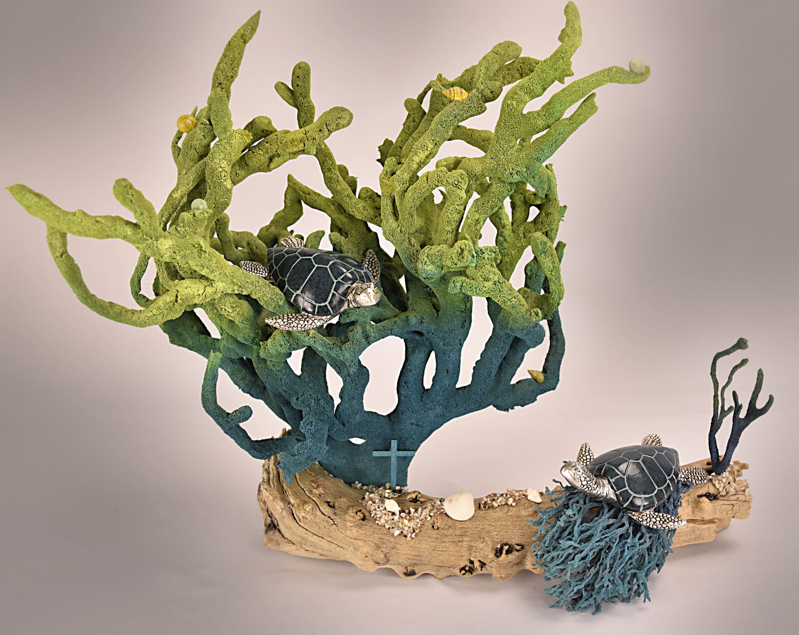 Sea Turtle 2 silver green bush 18x14