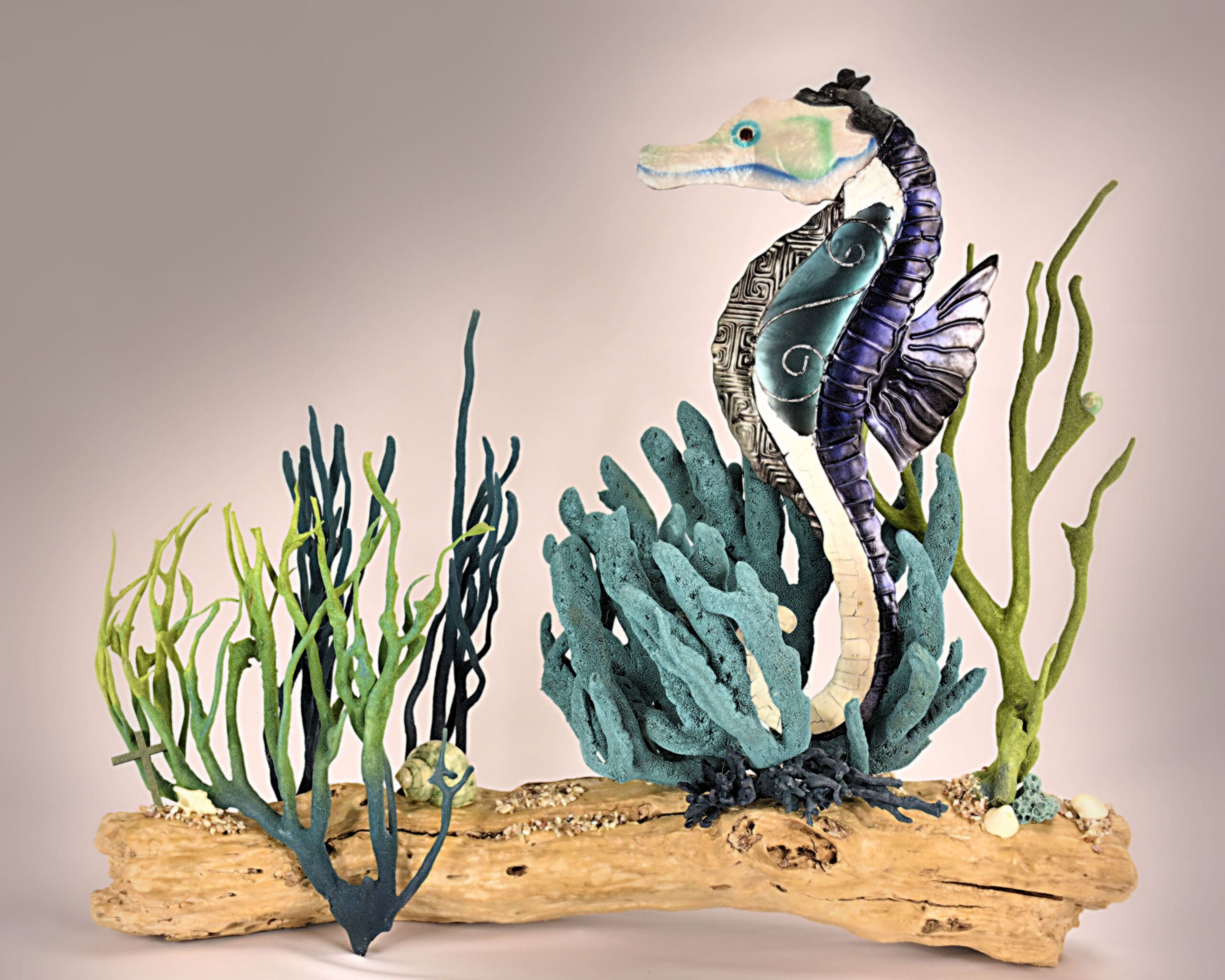 Seahorse capiz coral bush18x16